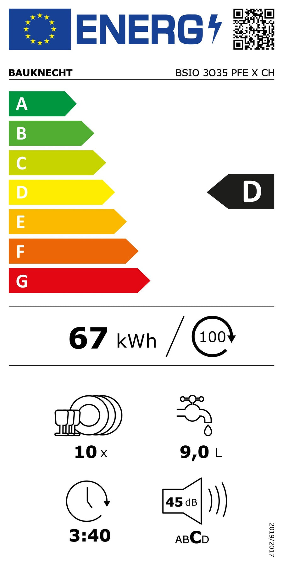 Energieetikette Bauknecht Geschirrspüler BSIO 3O35 PFE X CH