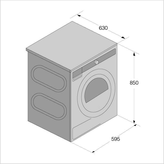 Masszeichnung ASKO Wäschetrockner, Breite 595, Tiefe 630, Höhe 850 mm