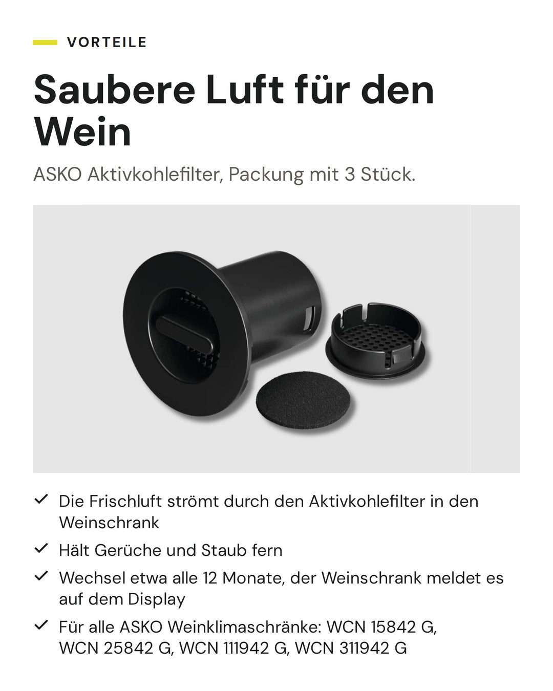 ASKO Aktivkohlefilter 873069: 3 Stück, hält Gerüche und Staub fern, Wechsel etwa alle 12 Monate, für alle ASKO Weinklimaschränke
