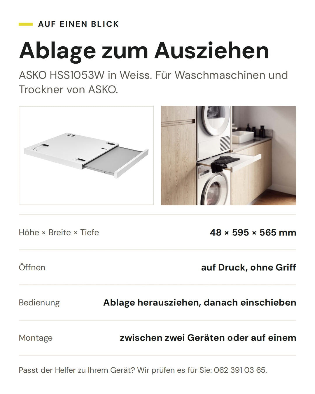 ASKO Ablage zum Ausziehen HSS1053W in Weiss: Höhe × Breite × Tiefe 48 × 595 × 565 mm, Öffnen auf Druck, ohne Griff, Bedienung Ablage herausziehen, danach einschieben, Montage zwischen zwei Geräten oder auf einem