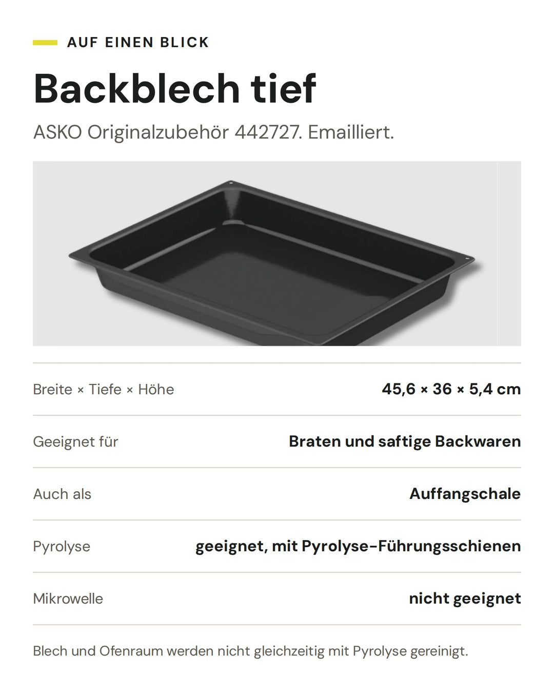 ASKO Backblech tief 442727: Emaille, 45,6 × 36 × 5,4 cm, für Braten und saftige Backwaren, pyrolysegeeignet mit Führungsschienen