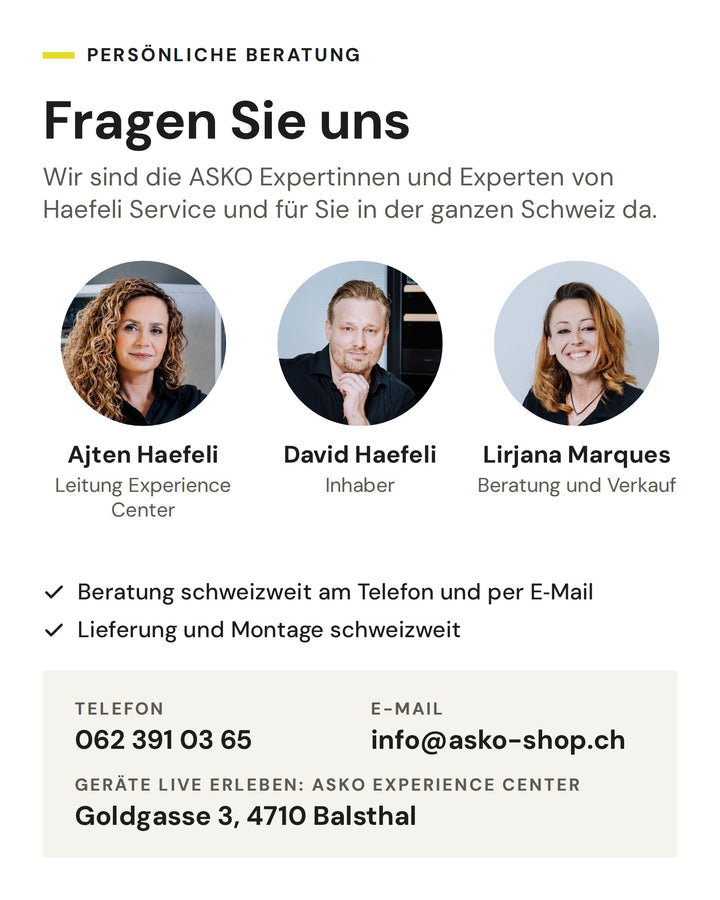 Persönliche Beratung durch die ASKO Expertinnen und Experten von Haefeli Service, schweizweit am Telefon und per E-Mail, Lieferung und Montage in der ganzen Schweiz, Telefon 062 391 03 65