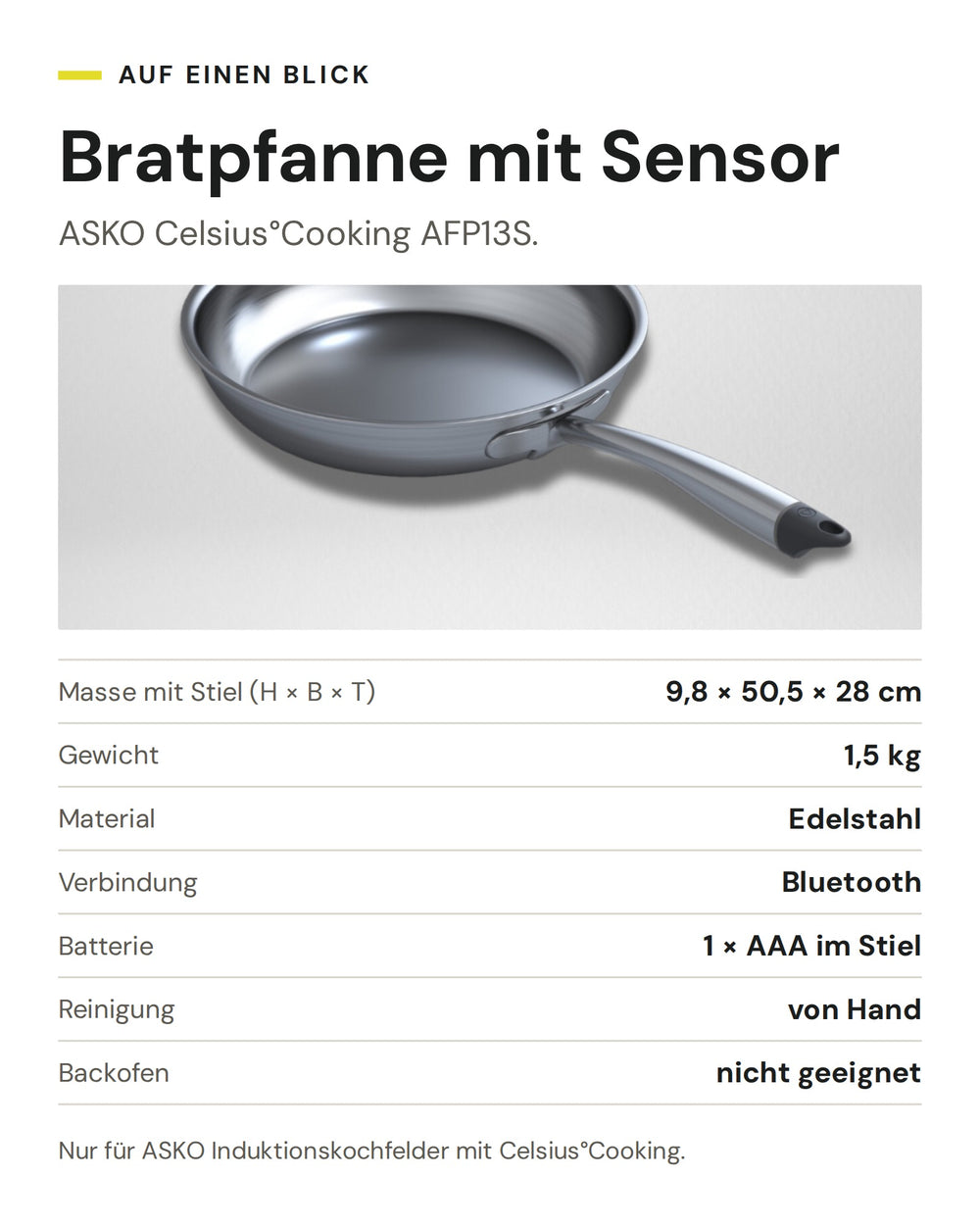 ASKO Celsius°Cooking Bratpfanne AFP13S: Edelstahl, 1,5 kg, Bluetooth, AAA Batterie, Reinigung von Hand, nicht backofenfest