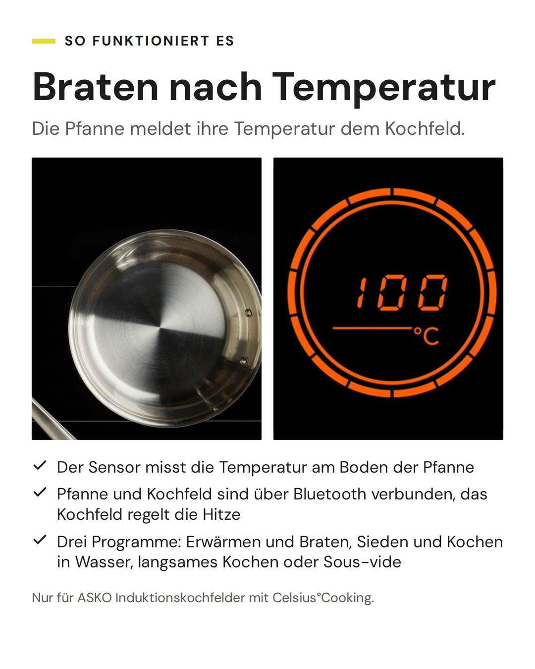 ASKO Celsius°Cooking Bratpfanne auf dem Induktionskochfeld und Temperaturanzeige des Kochfelds: Sensor am Pfannenboden, Bluetooth, drei Programme