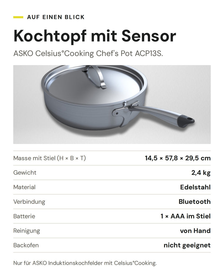 ASKO Celsius°Cooking Chef's Pot ACP13S: Edelstahl, 2,4 kg, Bluetooth, AAA Batterie, Reinigung von Hand, nicht backofenfest