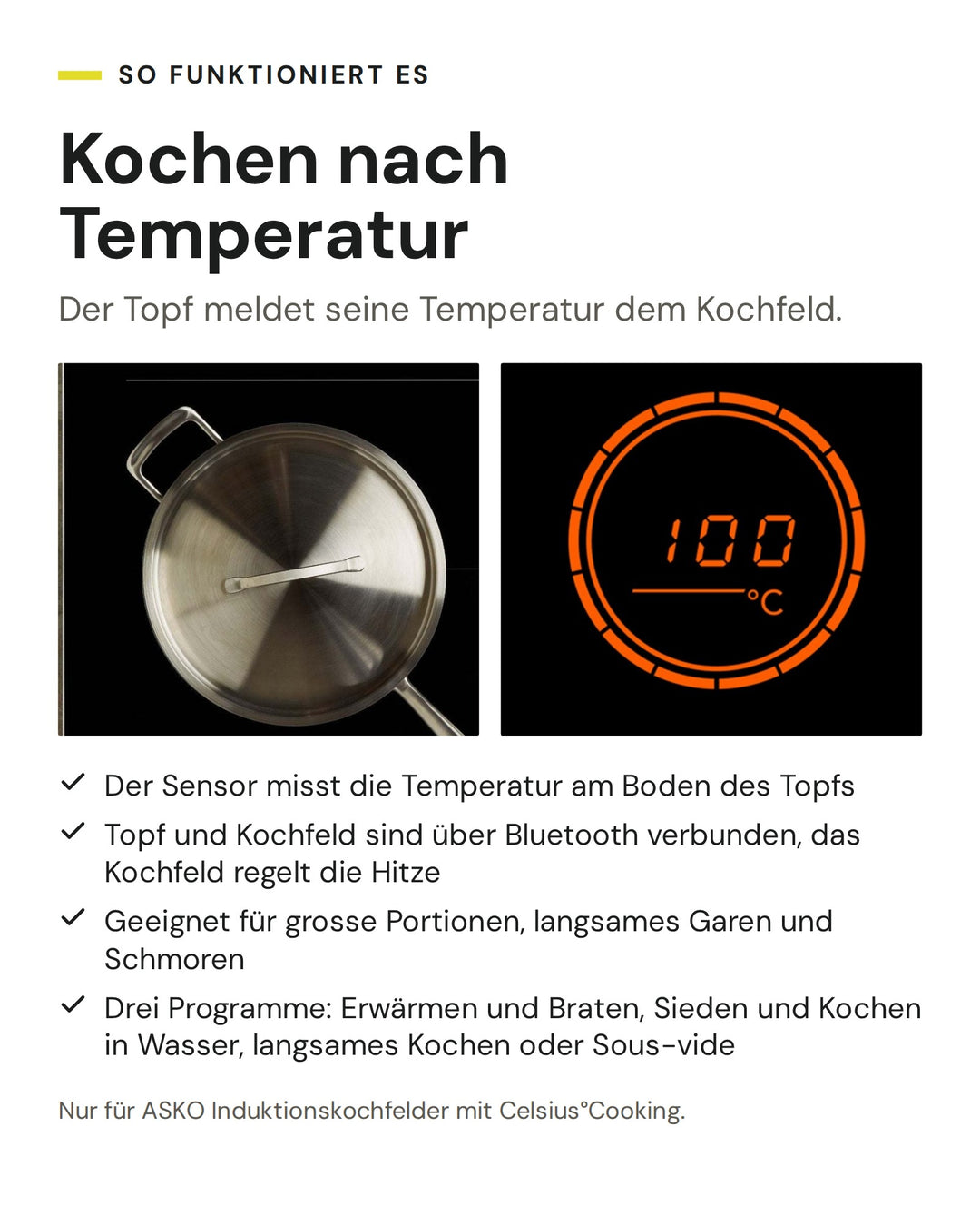 ASKO Celsius°Cooking Chef's Pot auf dem Induktionskochfeld und Temperaturanzeige des Kochfelds: Sensor am Topfboden, Bluetooth, drei Programme