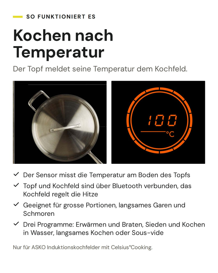 ASKO Celsius°Cooking Chef's Pot auf dem Induktionskochfeld und Temperaturanzeige des Kochfelds: Sensor am Topfboden, Bluetooth, drei Programme