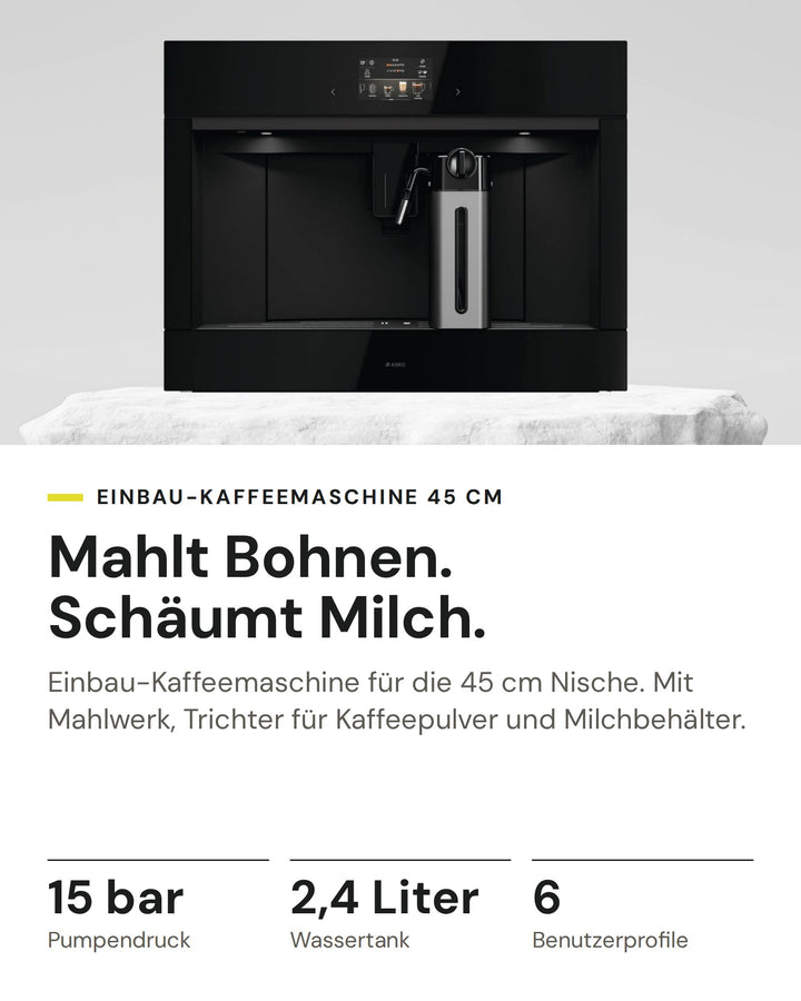ASKO Kaffeemaschine CMB 54 BG auf einen Blick: Pumpendruck 15 bar, Wassertank 2,4 Liter, Benutzerprofile 6