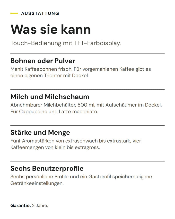 ASKO Kaffeemaschine CMB 54 BG: Bohnen oder Pulver, Milch und Milchschaum, Stärke und Menge, Sechs Benutzerprofile