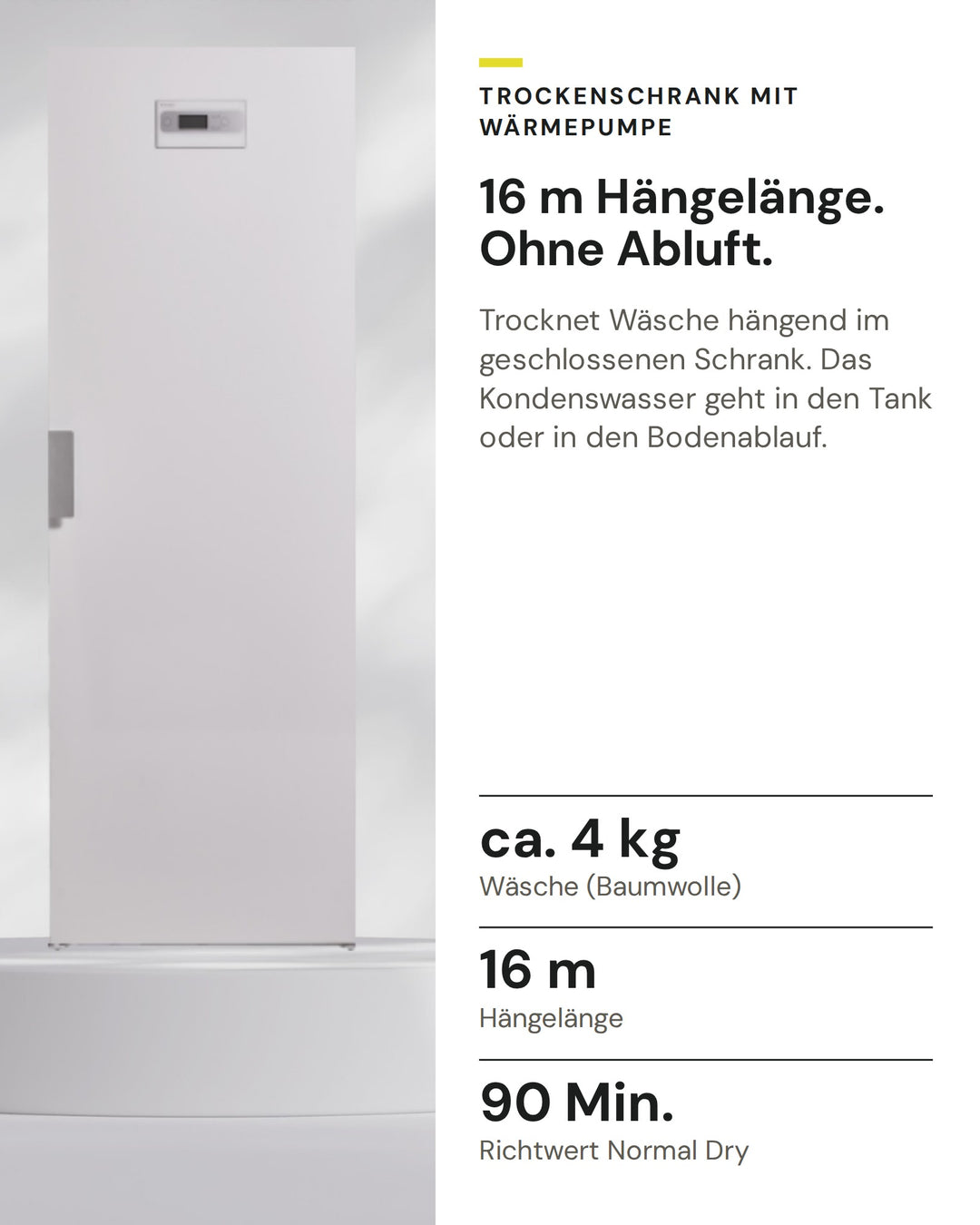 ASKO Trockenschrank DC7784HP.W auf einen Blick: Wäsche (Baumwolle) ca. 4 kg, Hängelänge 16 m, Richtwert Normal Dry 90 Min.
