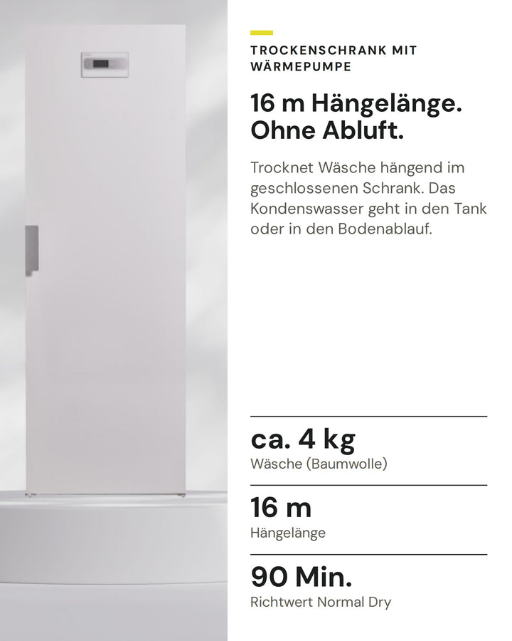 ASKO Trockenschrank DC7784HP.W auf einen Blick: Wäsche (Baumwolle) ca. 4 kg, Hängelänge 16 m, Richtwert Normal Dry 90 Min.
