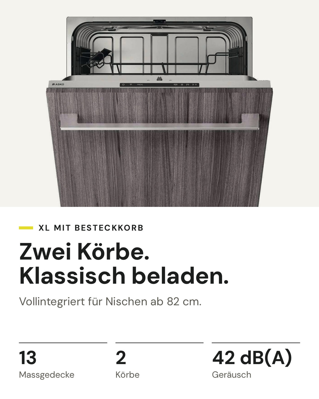 ASKO DFI 534A auf einen Blick: 13 Massgedecke, 2 Körbe, 42 dB(A)