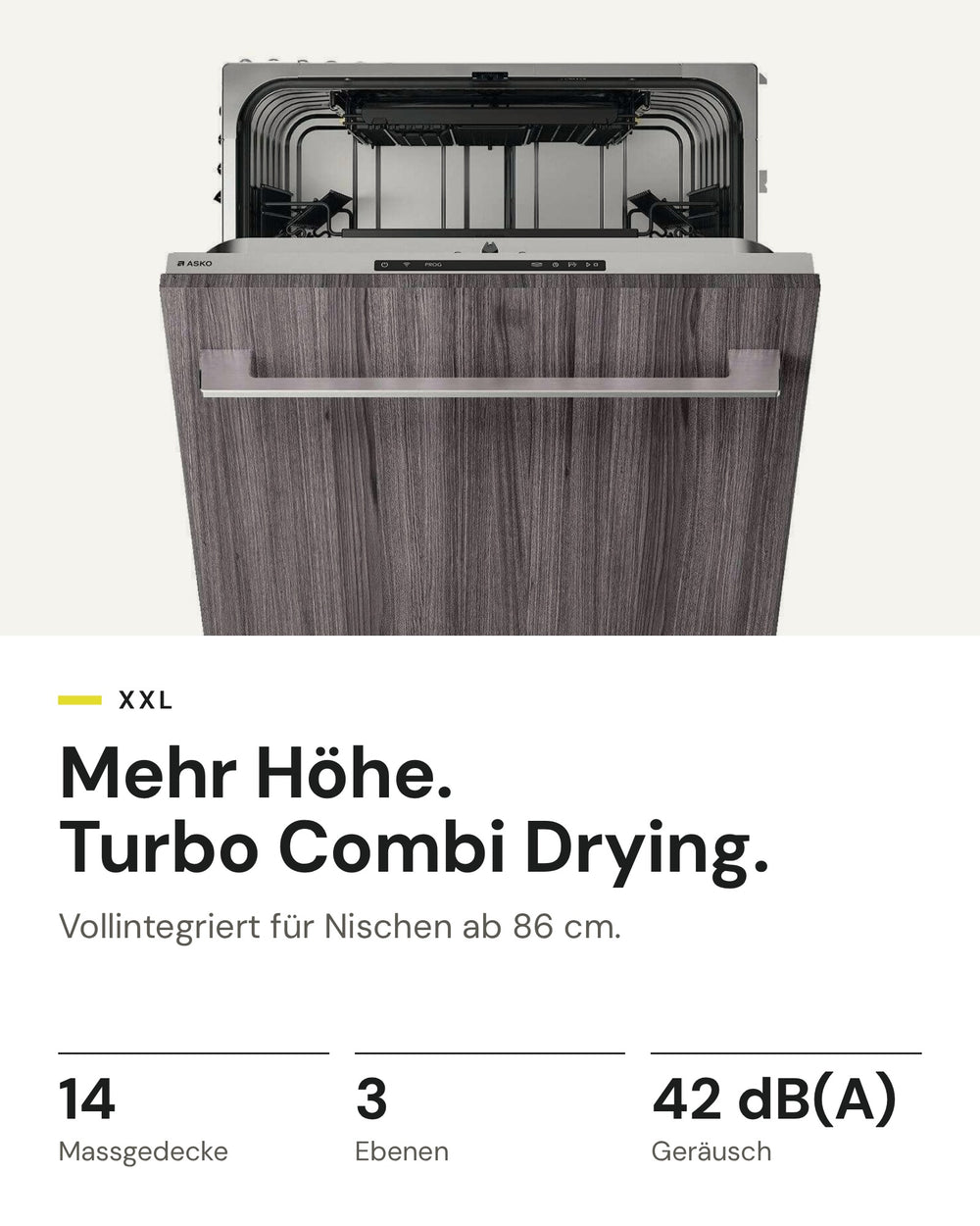 ASKO DFI 544BXXL auf einen Blick: 14 Massgedecke, 3 Ebenen, 42 dB(A)