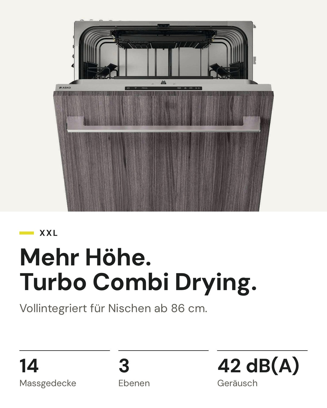 ASKO DFI 544BXXL auf einen Blick: 14 Massgedecke, 3 Ebenen, 42 dB(A)
