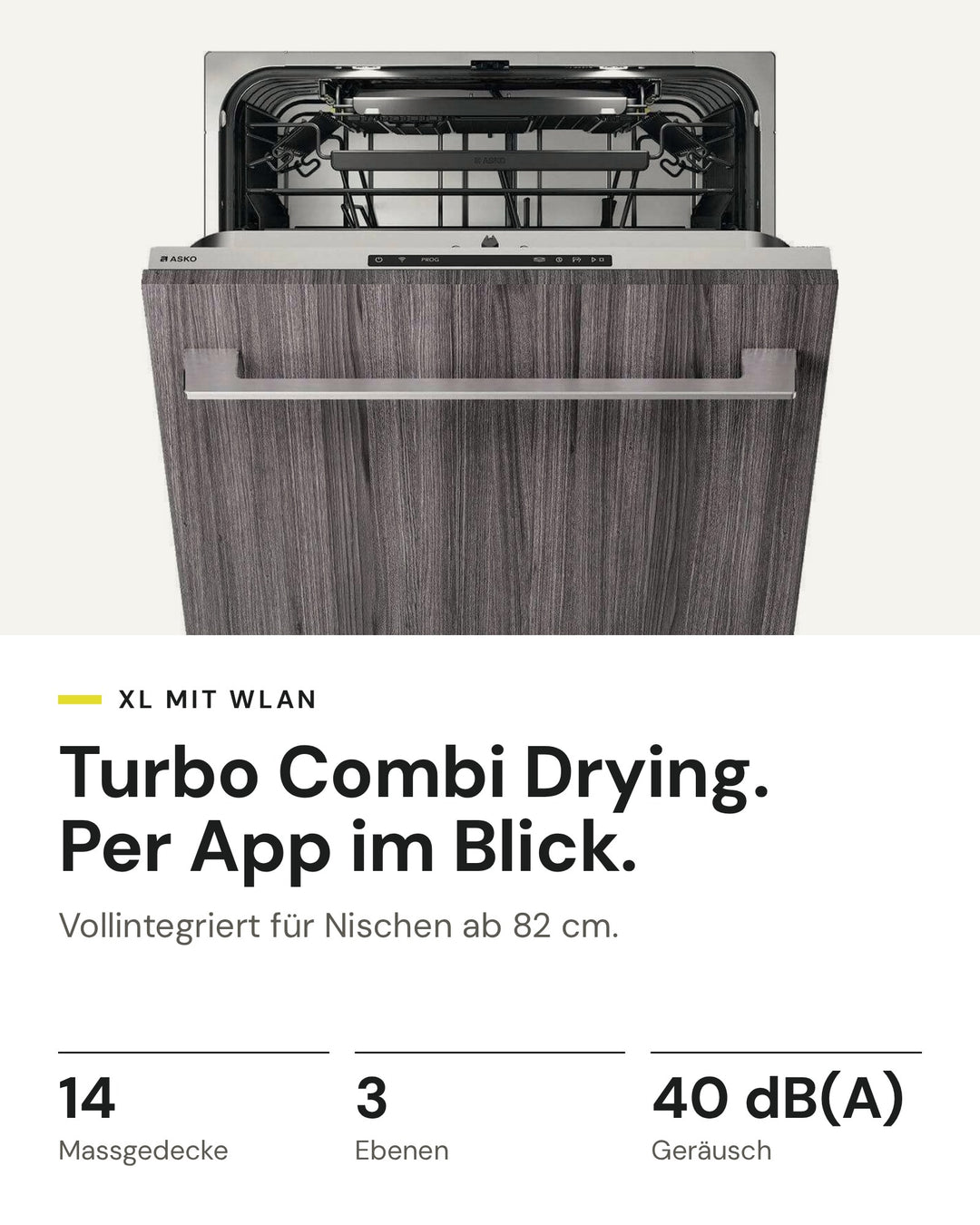 ASKO DFI 545N auf einen Blick: 14 Massgedecke, 3 Ebenen, 40 dB(A)