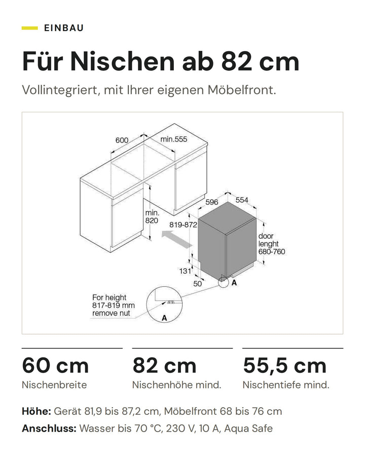 Einbau ASKO DFI 545N: Nische 60 cm breit, mindestens 82 cm hoch und 55,5 cm tief, Anschluss Wasser bis 70 °C, 230 V, 10 A, Aqua Safe