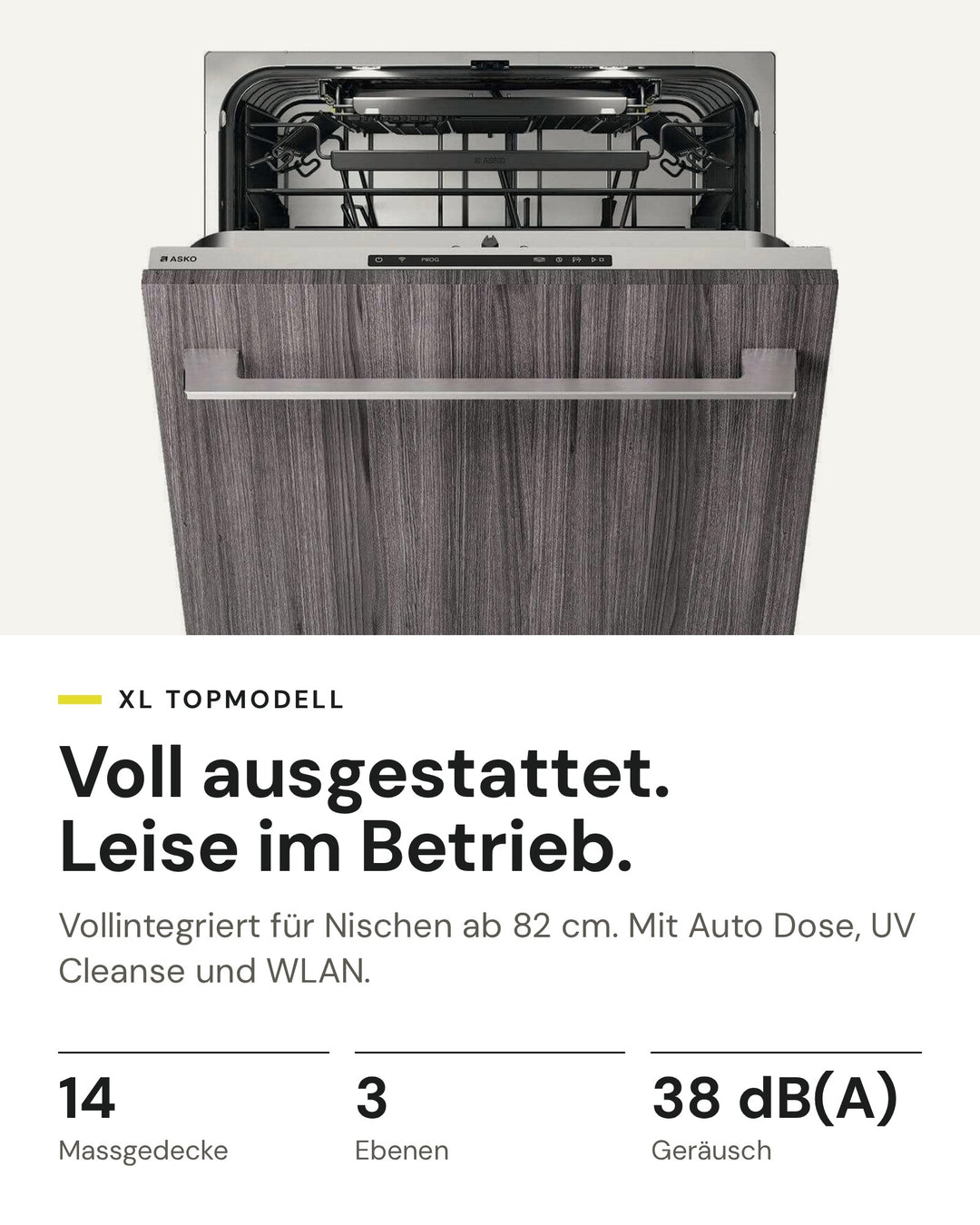 ASKO DFI 747U/1 auf einen Blick: 14 Massgedecke, 3 Ebenen, 38 dB(A)