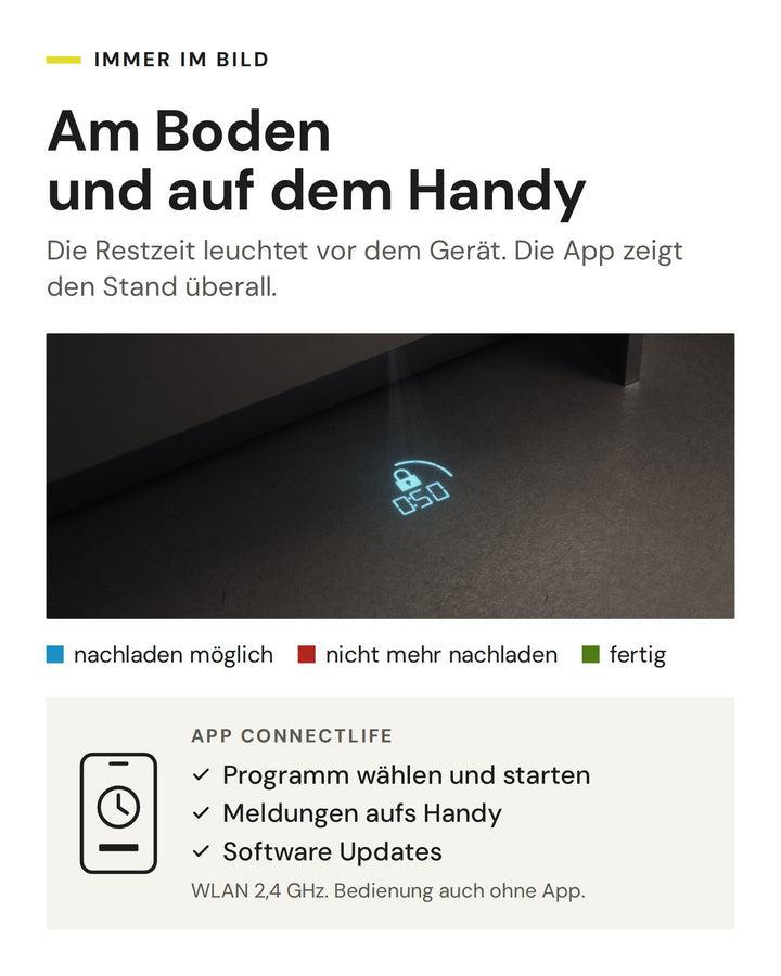 Bodenprojektion und App ConnectLife beim ASKO DFI 778UXXL: Status am Boden, Programm per Handy wählen und starten