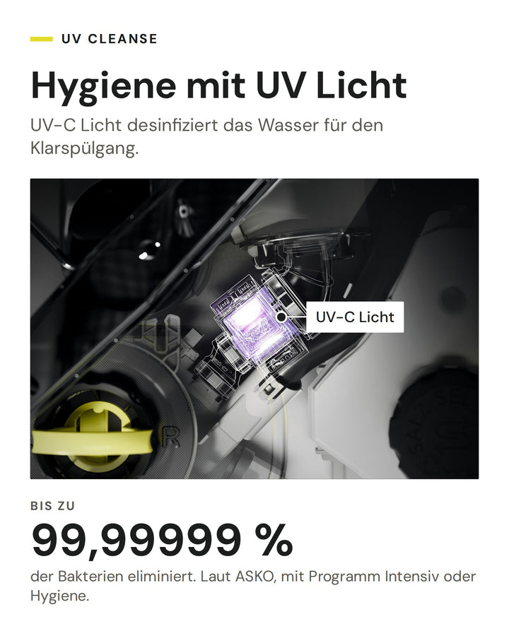 ASKO UV Cleanse im DFI 778UXXL: UV-C Licht desinfiziert das Wasser für den Klarspülgang