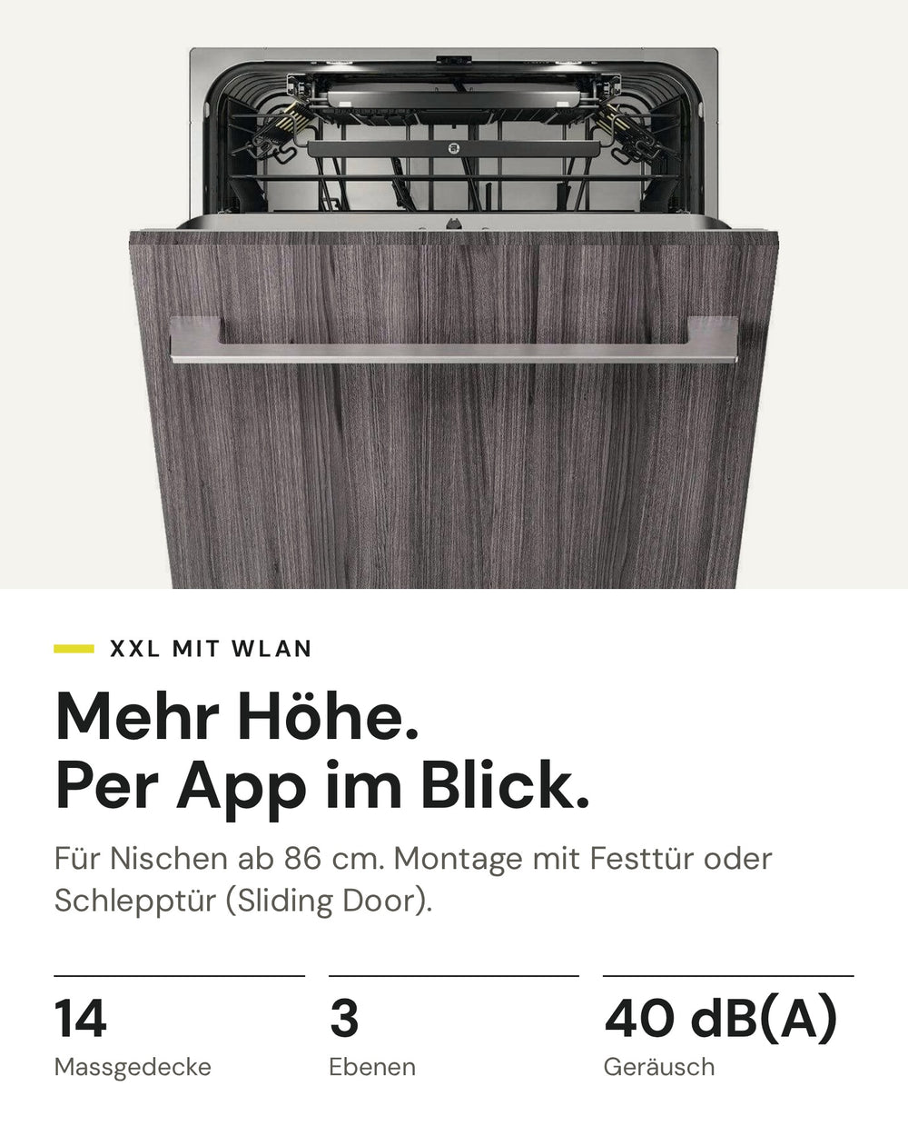ASKO DSD 545NXXL auf einen Blick: 14 Massgedecke, 3 Ebenen, 40 dB(A)