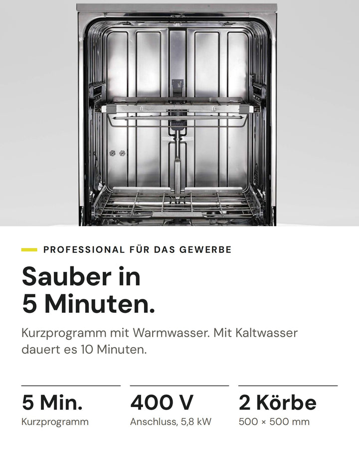 ASKO Gewerbegeschirrspüler DWCFS5936.S auf einen Blick: Kurzprogramm 5 Minuten mit Warmwasser, Anschluss 400 V, zwei Körbe 500 × 500 mm