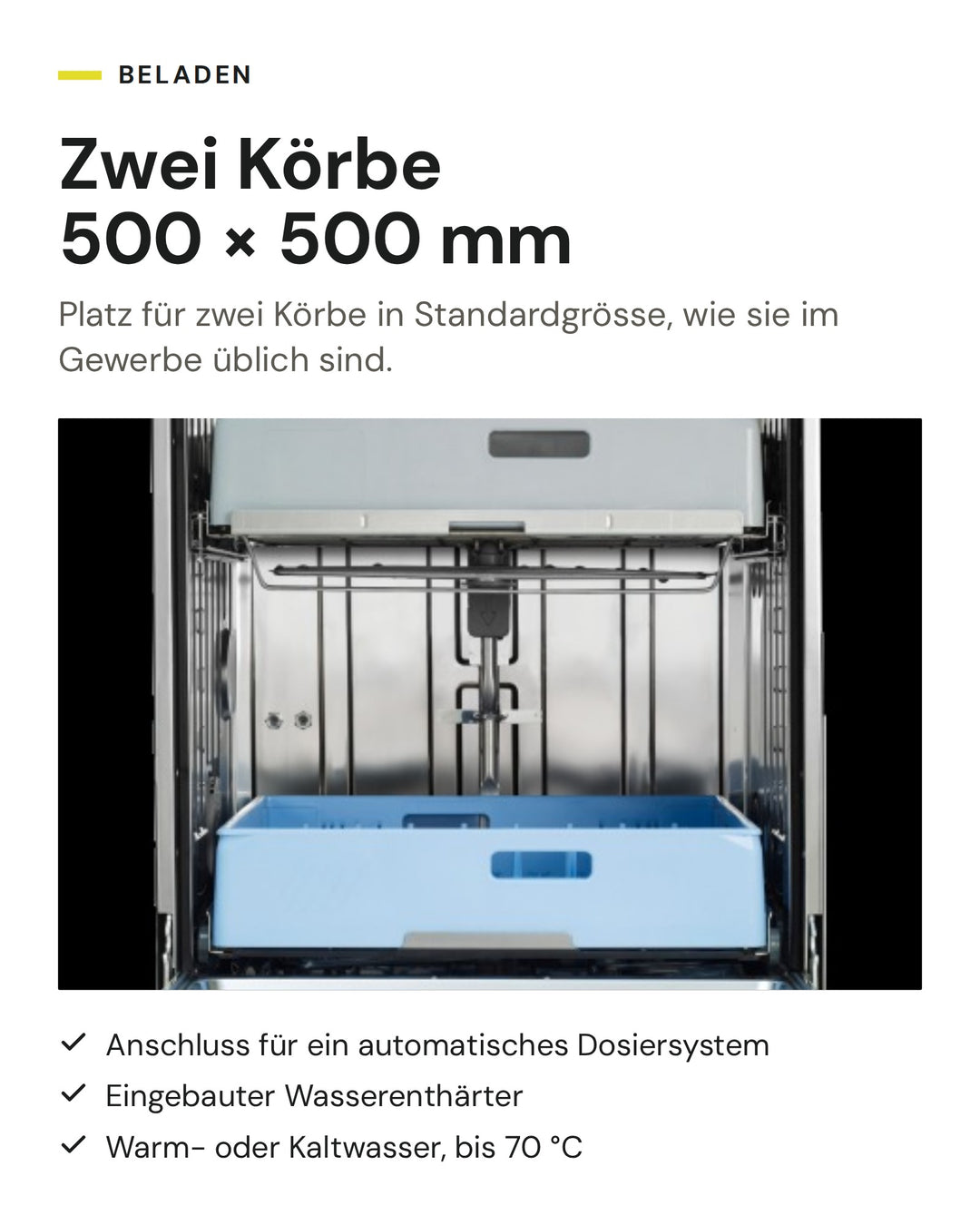ASKO Gewerbegeschirrspüler DWCFS5936.S: Platz für zwei Körbe 500 × 500 mm, Anschluss für ein automatisches Dosiersystem, eingebauter Wasserenthärter
