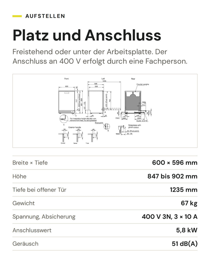 Platz und Anschluss des ASKO Gewerbegeschirrspülers DWCFS5936.S: 600 × 596 mm, Höhe 847 bis 902 mm, Tiefe bei offener Tür 1235 mm, 400 V 3N, 5,8 kW, 51 dB(A)