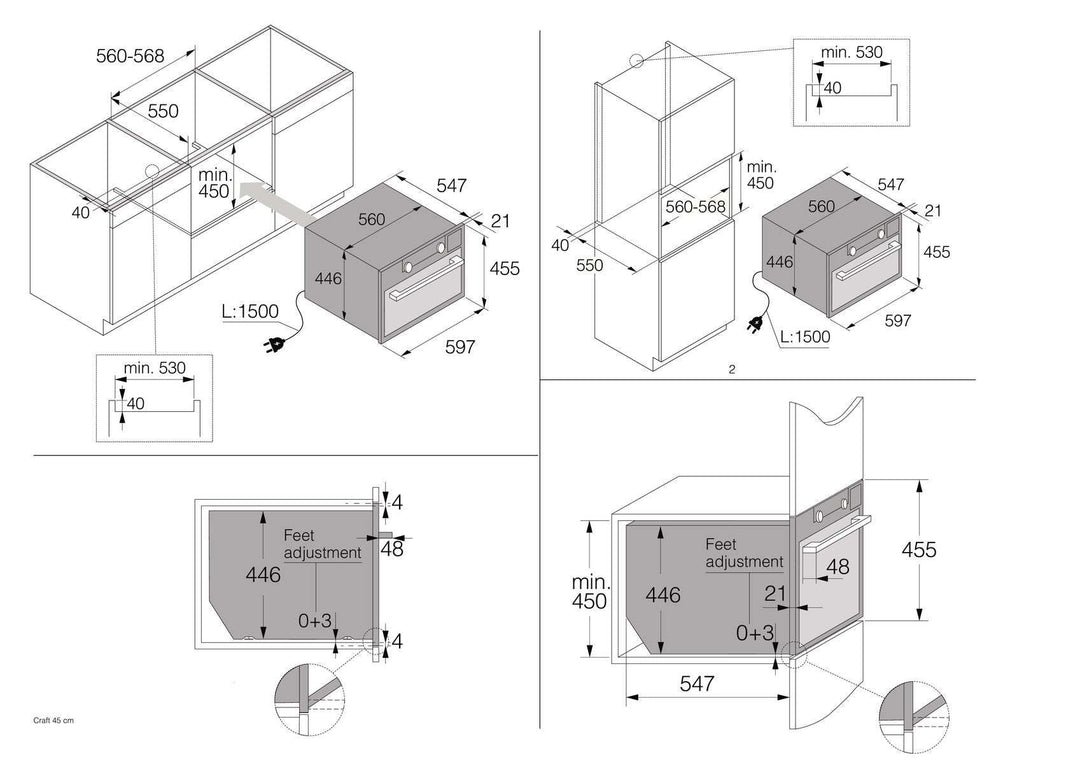 Einbauzeichnung mit Massen ASKO OCSM8487B, OCM8487A1, OCM8487S, OCSM8487A1