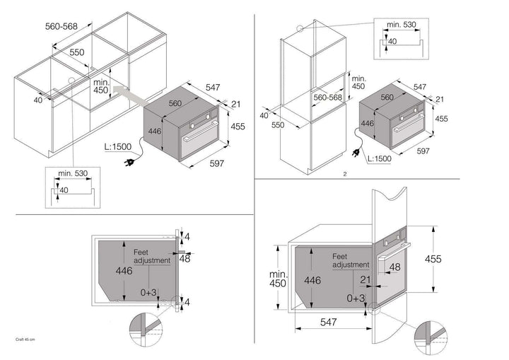 Einbauzeichnung mit Massen ASKO OCSM8487B, OCM8487A1, OCM8487S, OCSM8487A1