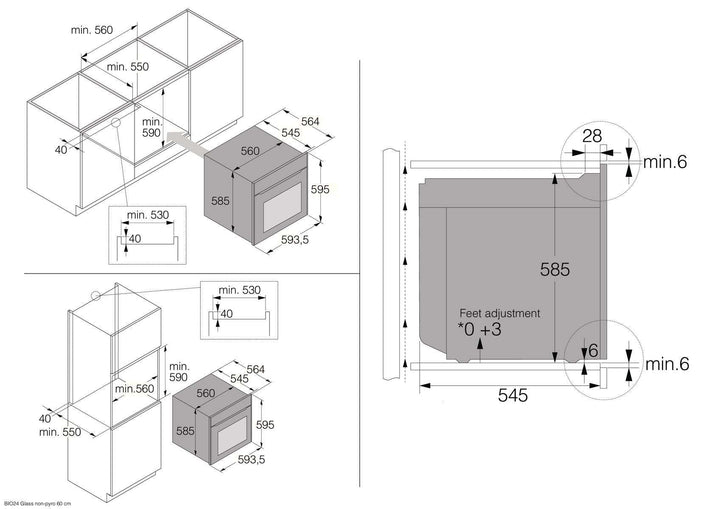 Einbauzeichnung mit Massen ASKO OT 26 BGH, OCS 26 BGH, OCS 56 BGH