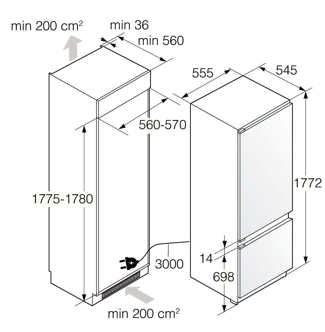 Einbauzeichnung mit Massen ASKO RFN31831EI, RFN31842EI