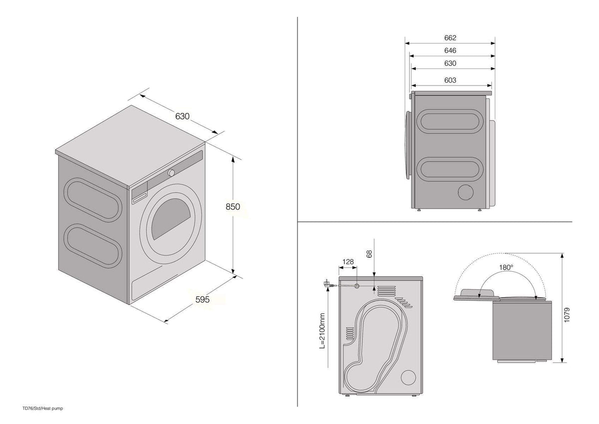 Einbauzeichnung mit Massen ASKO Wäschetrockner T108HB W, T108HC W, T309HC W, T509HR, T709HU W