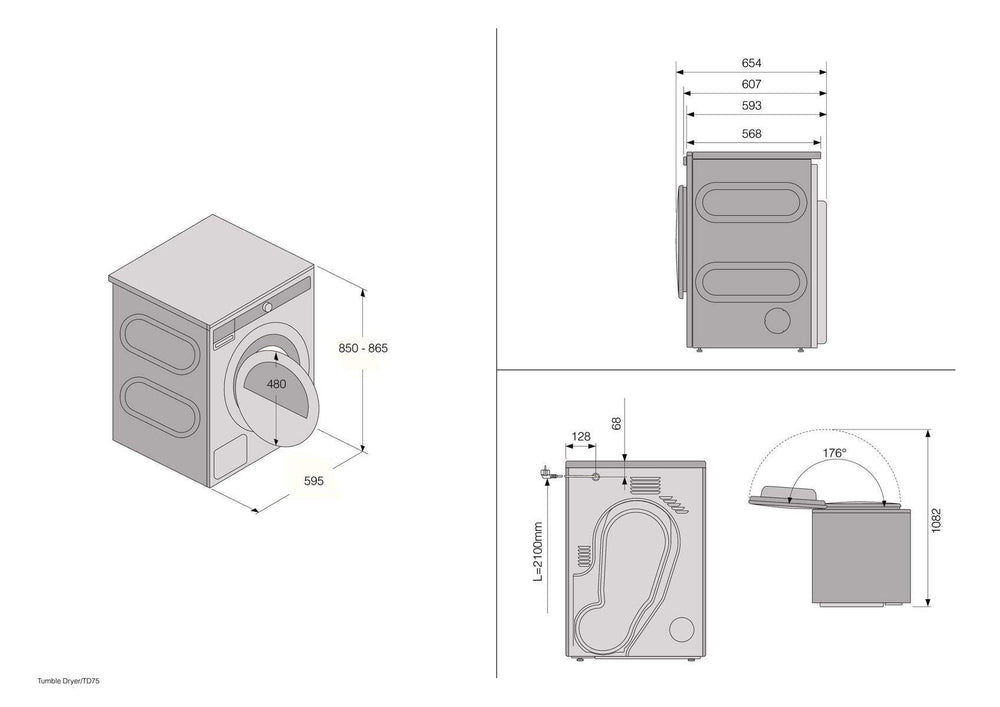 Einbauzeichnung mit Massen ASKO TDC1781H W/1, T608HX W, T408HD W, T2082H W