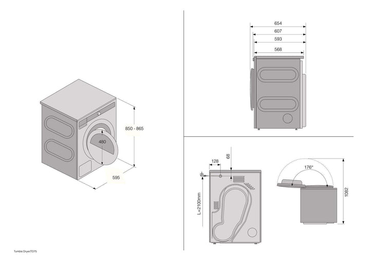Einbauzeichnung mit Massen ASKO TDC1781H W/1, T608HX W, T408HD W, T2082H W