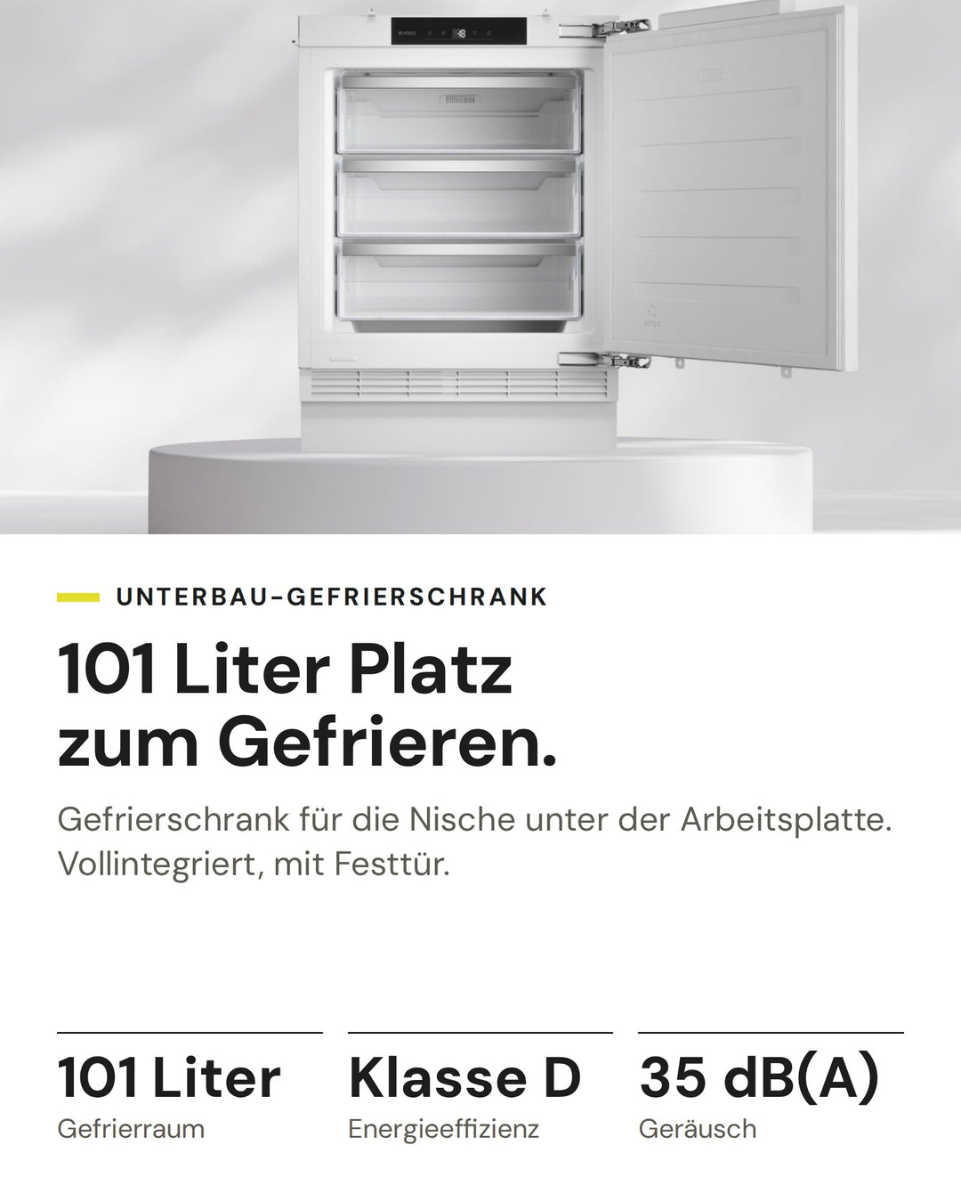 ASKO Gefrierschrank F 22881 I auf einen Blick: Gefrierraum 101 Liter, Energieeffizienz Klasse D, Geräusch 35 dB(A)