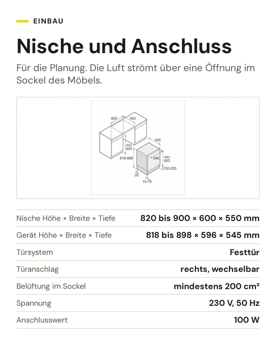 Nische und Anschluss ASKO Gefrierschrank F 22881 I: Nische Höhe × Breite × Tiefe 820 bis 900 × 600 × 550 mm, Gerät Höhe × Breite × Tiefe 818 bis 898 × 596 × 545 mm, Türsystem Festtür, Türanschlag rechts, wechselbar, Belüftung im Sockel mindestens 200 cm², Spannung 230 V, 50 Hz, Anschlusswert 100 W