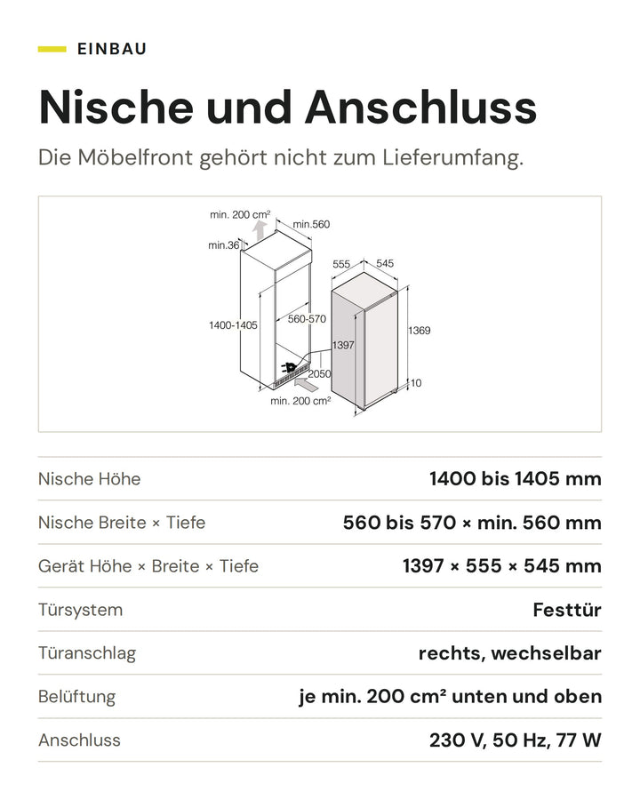 Nische und Anschluss ASKO Gefrierschrank FN 31442 EI: Nische Höhe 1400 bis 1405 mm, Nische Breite × Tiefe 560 bis 570 × min. 560 mm, Gerät Höhe × Breite × Tiefe 1397 × 555 × 545 mm, Türsystem Festtür, Türanschlag rechts, wechselbar, Belüftung je min. 200 cm² unten und oben, Anschluss 230 V, 50 Hz, 77 W