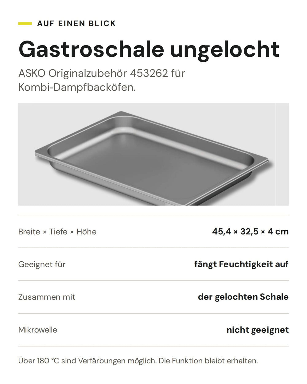 ASKO Gastroschale ungelocht 453262: 45,4 × 32,5 × 4 cm, fängt beim Dampfgaren die Feuchtigkeit auf