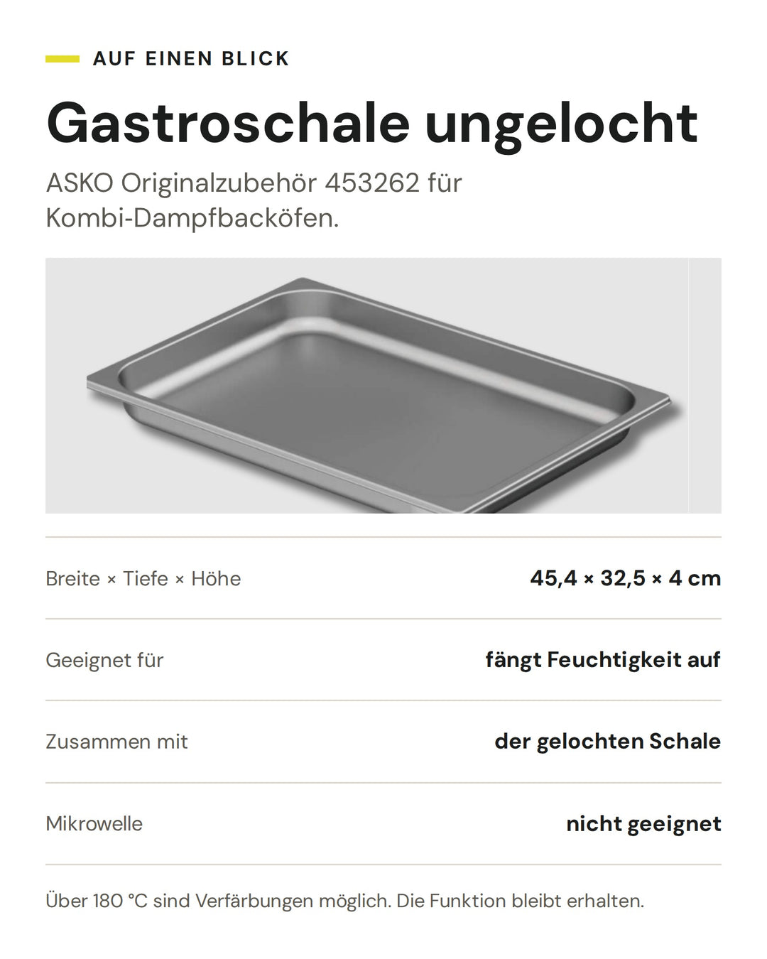 ASKO Gastroschale ungelocht 453262: 45,4 × 32,5 × 4 cm, fängt beim Dampfgaren die Feuchtigkeit auf