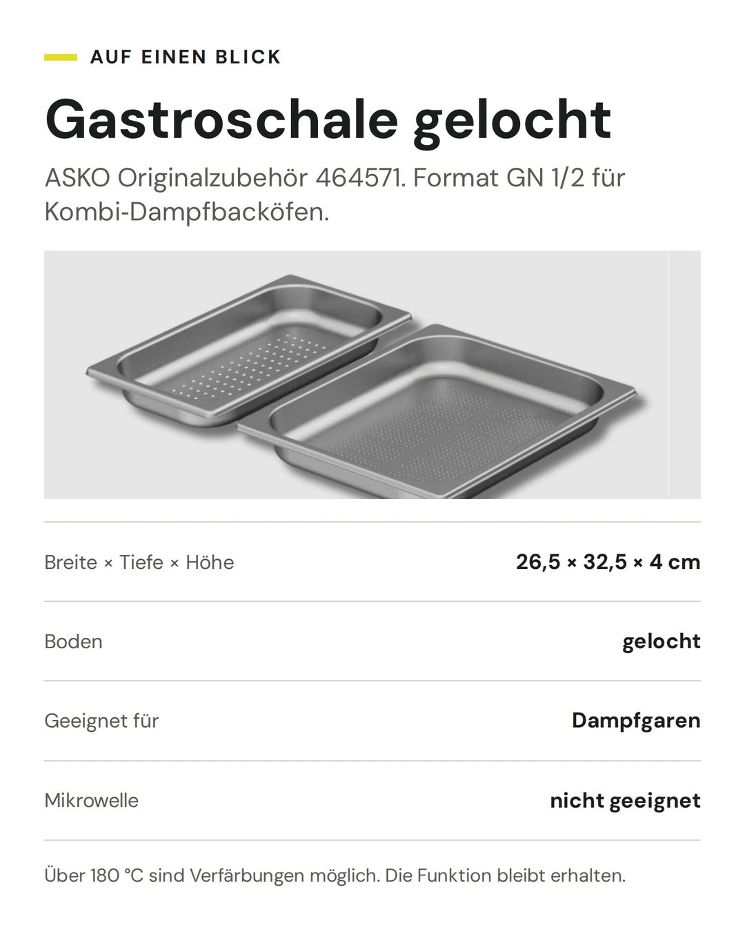 ASKO Gastroschale gelocht GN 1/2 464571: 26,5 × 32,5 × 4 cm, zum Dampfgaren im Kombi-Dampfbackofen