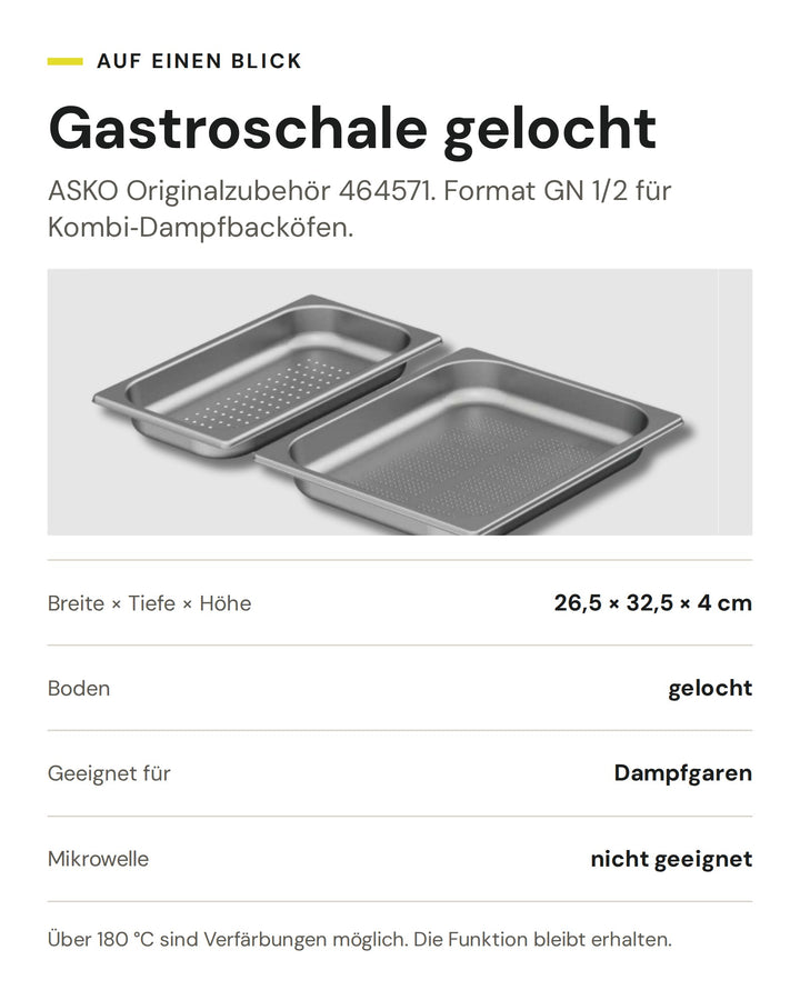 ASKO Gastroschale gelocht GN 1/2 464571: 26,5 × 32,5 × 4 cm, zum Dampfgaren im Kombi-Dampfbackofen