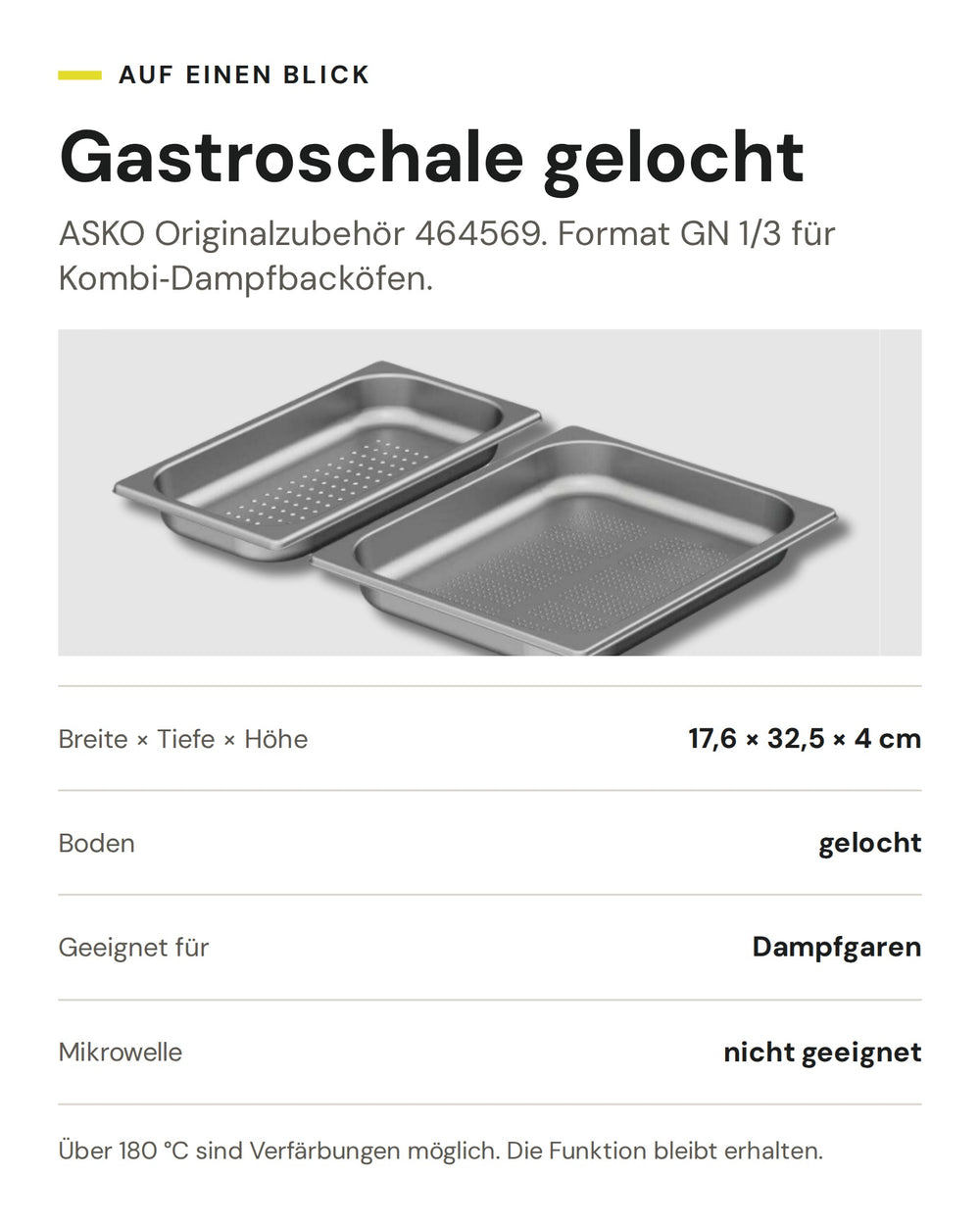 ASKO Gastroschale gelocht GN 1/3 464569: 17,6 × 32,5 × 4 cm, zum Dampfgaren im Kombi-Dampfbackofen