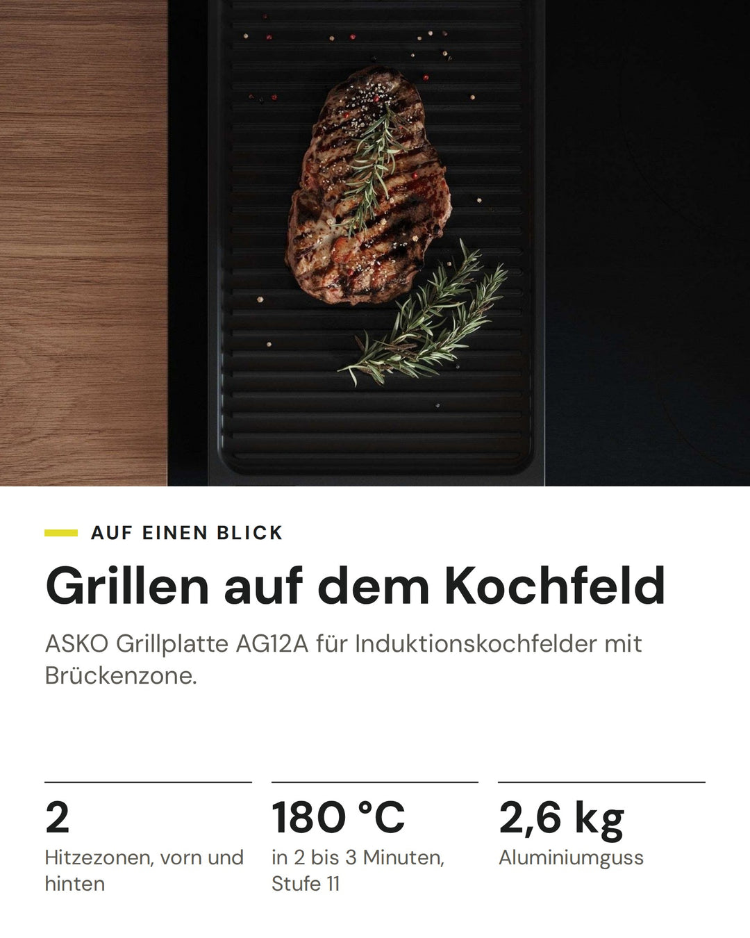 ASKO Grillplatte AG12A mit Steak auf dem Induktionskochfeld: zwei Hitzezonen, rund 180 Grad in 2 bis 3 Minuten, 2,6 kg Aluminiumguss