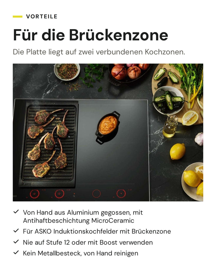 ASKO Grillplatte AG12A auf dem Induktionskochfeld mit Lammkoteletts: Aluminiumguss mit Antihaftbeschichtung, für die Brückenzone