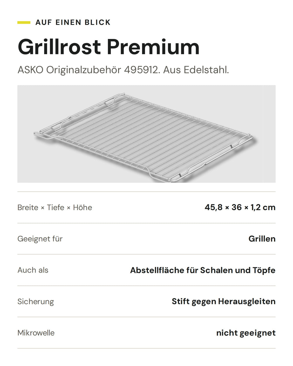 ASKO Grillrost Premium 495912: Edelstahl, 45,8 × 36 × 1,2 cm, zum Grillen und als Abstellfläche