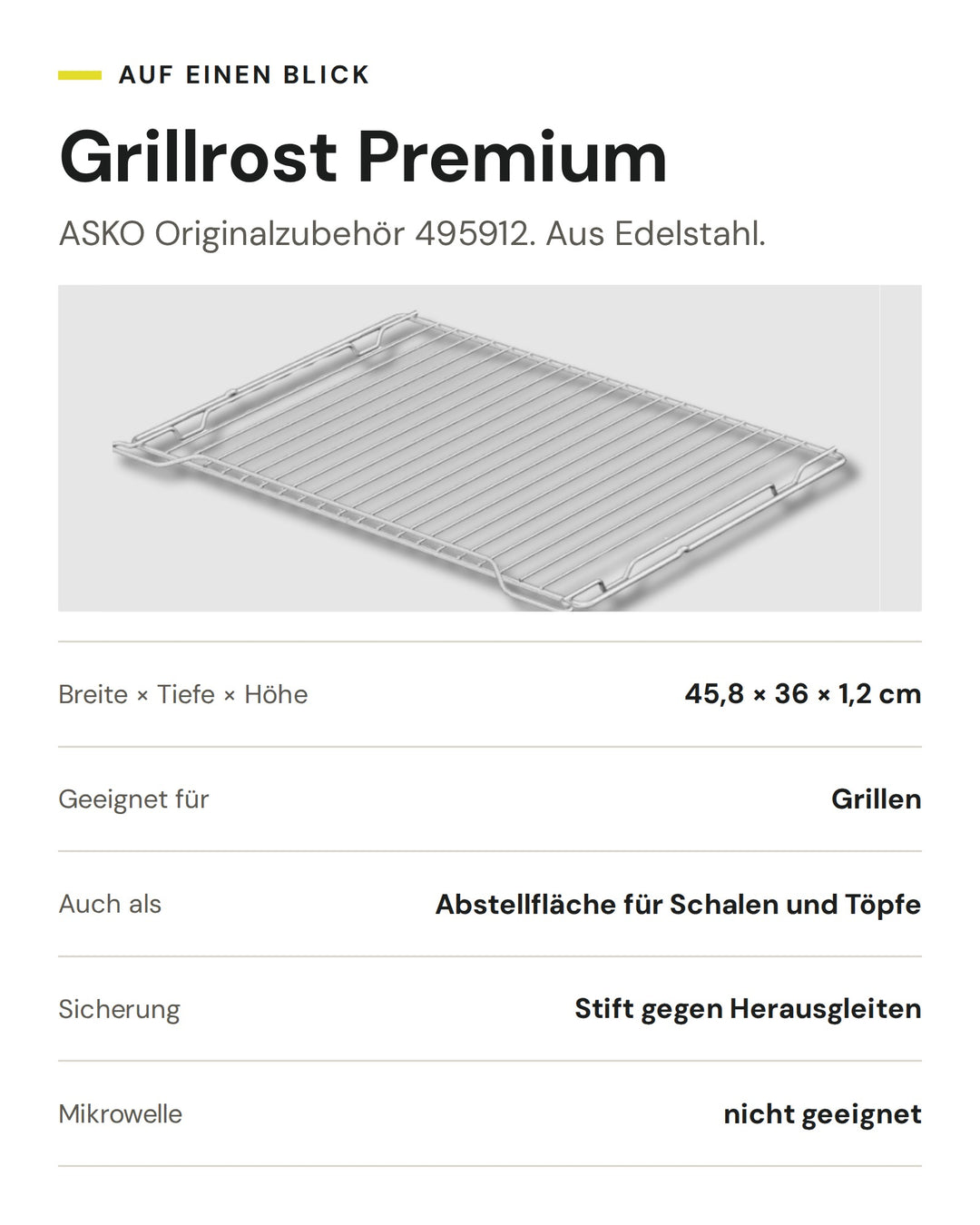 ASKO Grillrost Premium 495912: Edelstahl, 45,8 × 36 × 1,2 cm, zum Grillen und als Abstellfläche