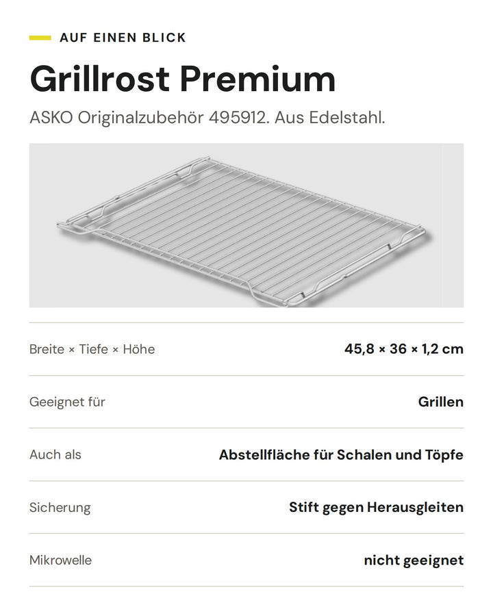 ASKO Grillrost Premium 495912: Edelstahl, 45,8 × 36 × 1,2 cm, zum Grillen und als Abstellfläche