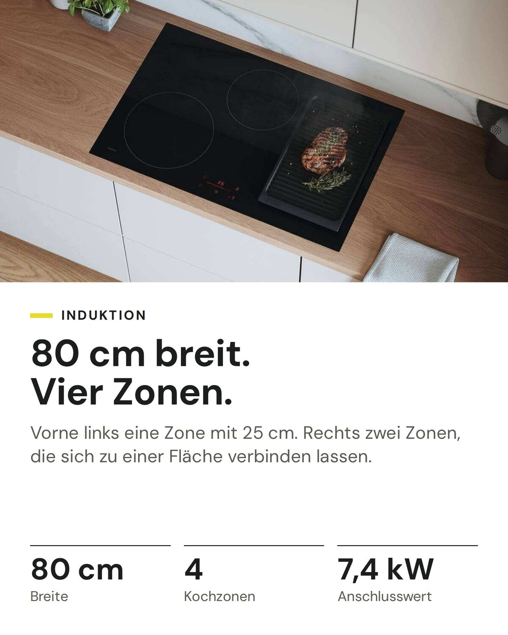 ASKO Induktionskochfeld HI 2842 FBG1 auf einen Blick: Breite 80 cm, Kochzonen 4, Anschlusswert 7,4 kW