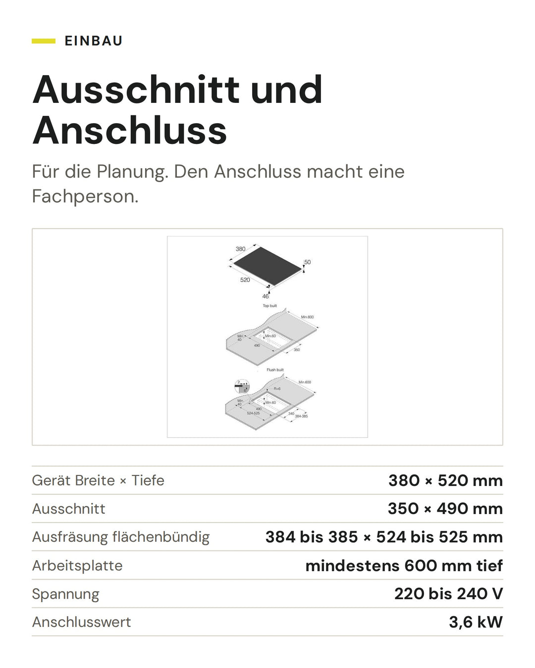 Ausschnitt und Anschluss ASKO Induktionskochfeld HI 5320 FBG1: Gerät Breite × Tiefe 380 × 520 mm, Ausschnitt 350 × 490 mm, Ausfräsung flächenbündig 384 bis 385 × 524 bis 525 mm, Arbeitsplatte mindestens 600 mm tief, Spannung 220 bis 240 V, Anschlusswert 3,6 kW