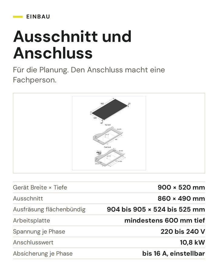 Ausschnitt und Anschluss ASKO Induktionskochfeld HI 5954 FBG1: Gerät Breite × Tiefe 900 × 520 mm, Ausschnitt 860 × 490 mm, Ausfräsung flächenbündig 904 bis 905 × 524 bis 525 mm, Arbeitsplatte mindestens 600 mm tief, Spannung je Phase 220 bis 240 V, Anschlusswert 10,8 kW, Absicherung je Phase bis 16 A, einstellbar